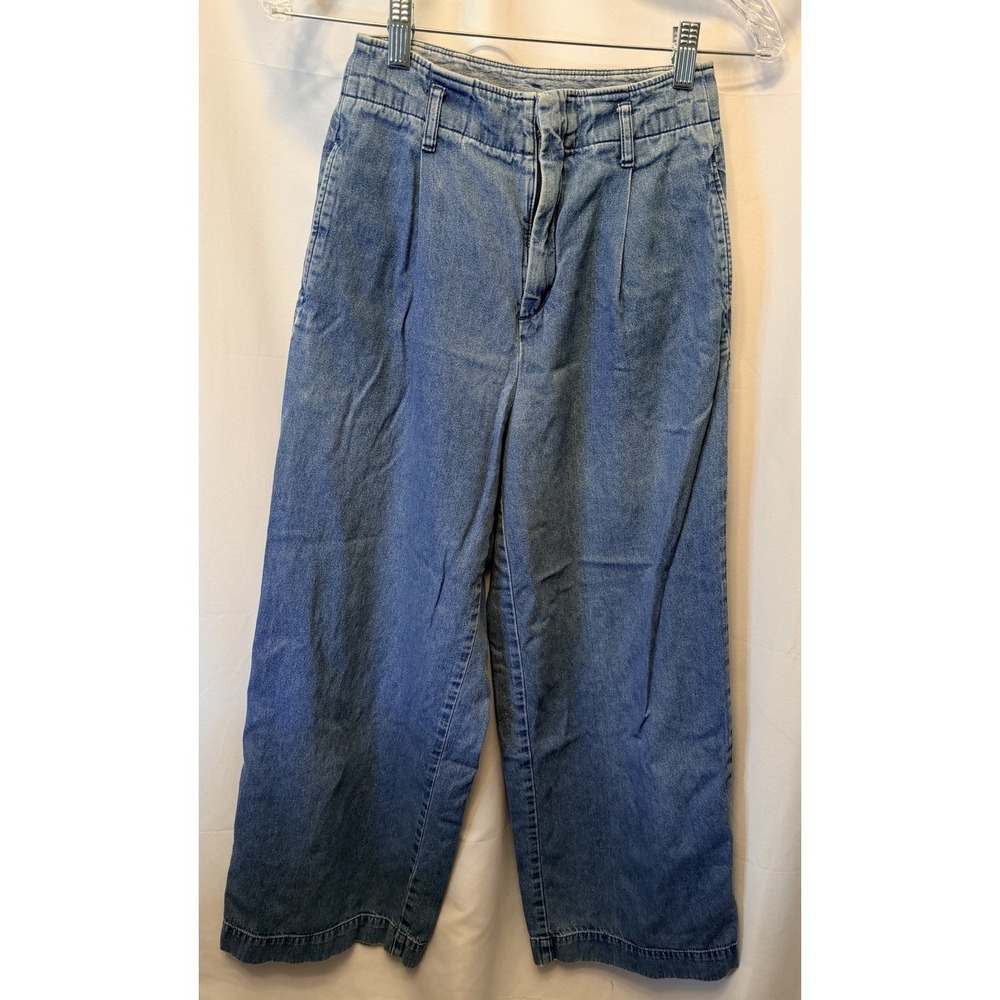 Uniqlo Women's XS 150/58 Pleated Wide Leg Barrel Jeans Blue 100% Cotton Denim